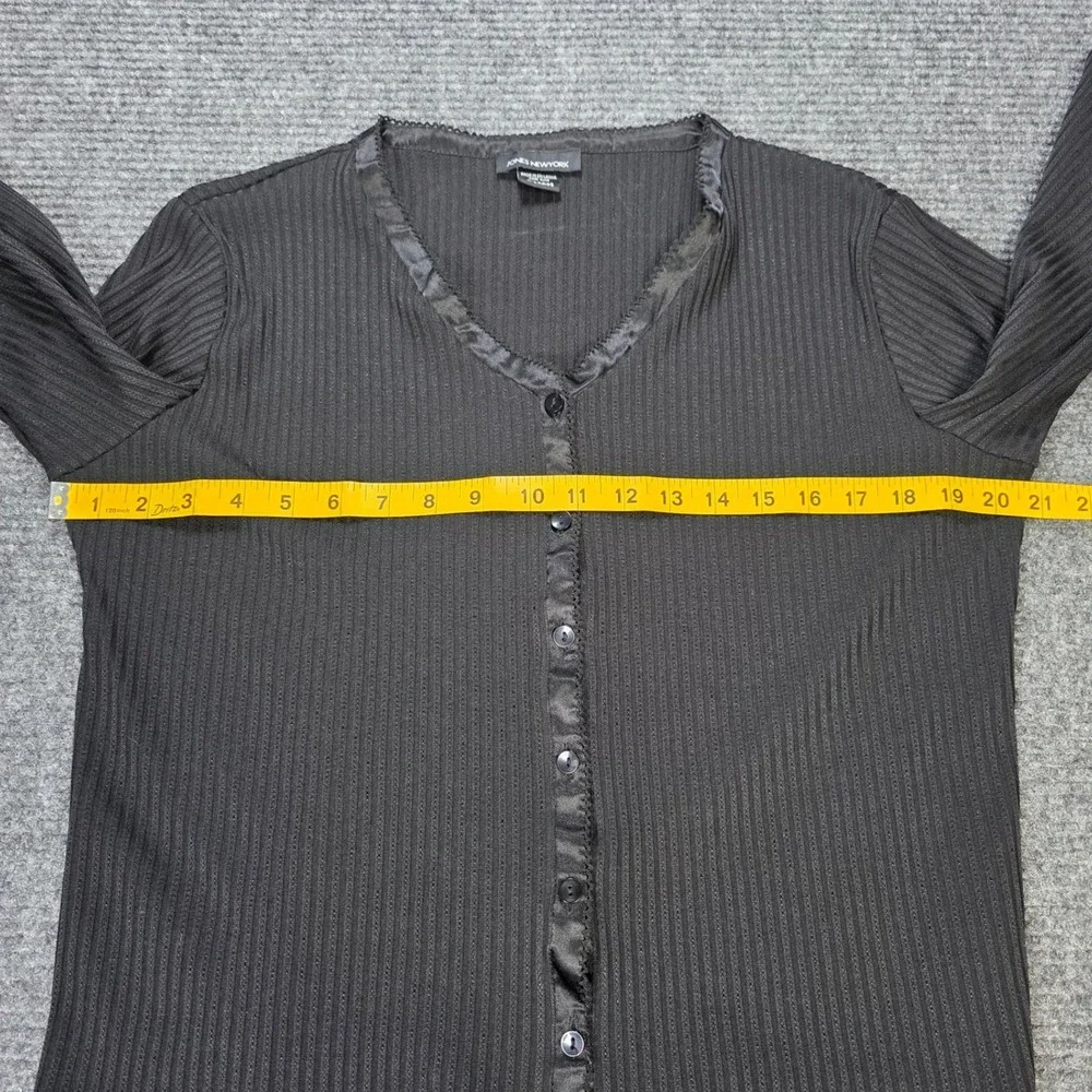 Jones New York Ribbed Button Front Cardigan‎ Women's XL Black Satin Trim V-Neck